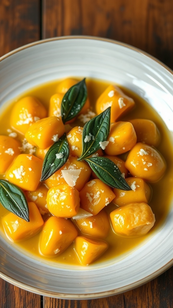 A plate of sweet potato gnocchi in sage butter sauce, garnished with crispy sage and Parmesan, on a wooden table.